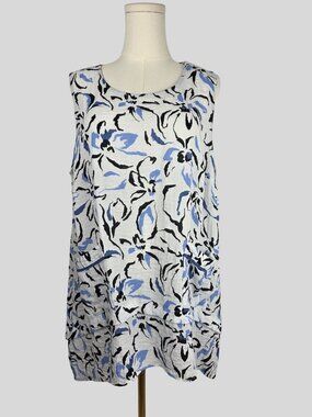 Habitat Abstract Floral Sleeveless High-Low Tunic Dress Blue White Large Coastal